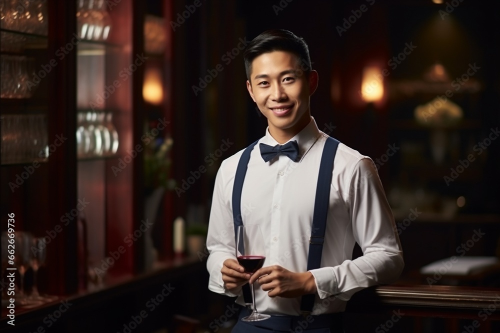 Handsome waiter in uniform with white towel serves wine to guests in restaurant