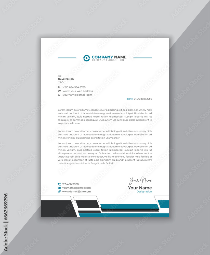 Clean and modern letterhead. Layout design for an abstract shape business letterhead template