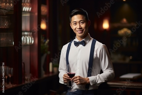 Handsome waiter in uniform with white towel serves wine to guests in restaurant