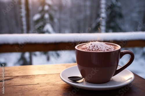 hot chocolate cup in winter with snow
