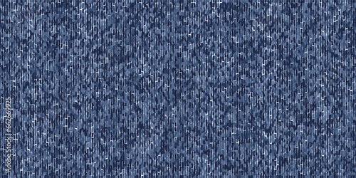 Seamless pattern of distressed indigo denim with vertical threads. Blue textile jeans background with variegated texture. Vector illustration