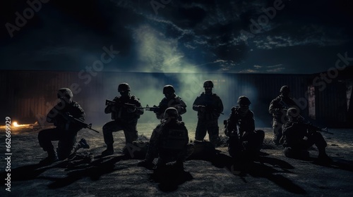 A group of military with weapons training at night