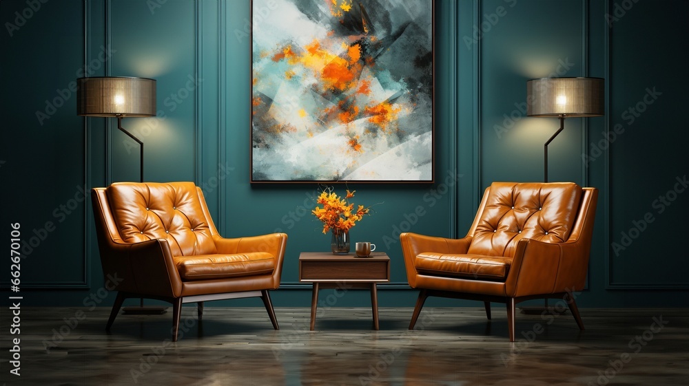 Modernes Wohnzimmer: Stilvoller Sessel, Sofa und Kunstwerke - obrazy, fototapety, plakaty 