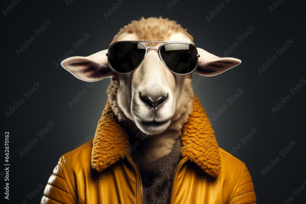 A studio portrait of a funky sheep wearing a leather jacket or a fur coat, huge aviator sunglasses on a grey seamless background