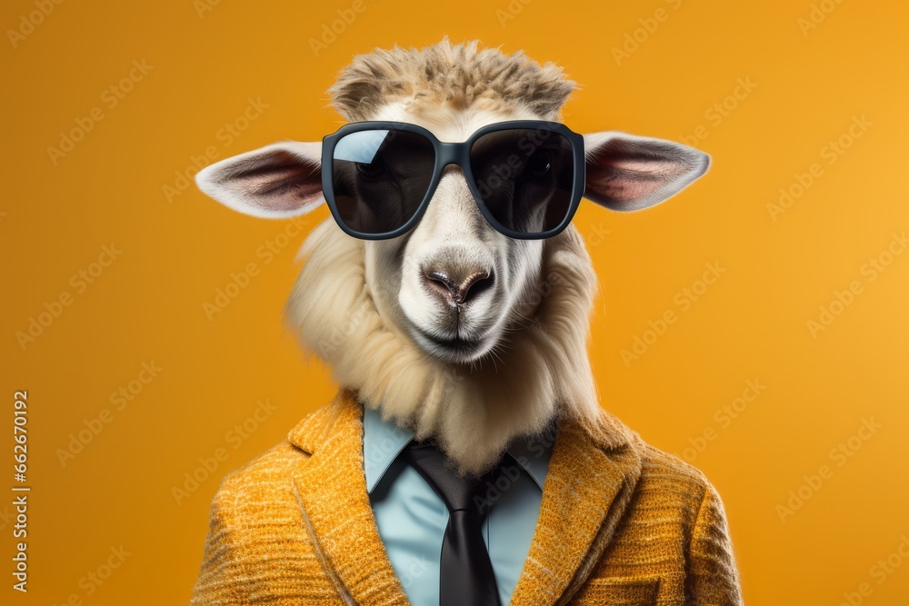 A studio portrait of a funky sheep wearing a business office suit, a tie and huge sunglasses on a yellow background