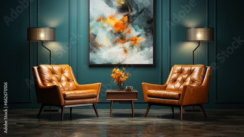 Modernes Wohnzimmer: Stilvoller Sessel, Sofa und Kunstwerke photo