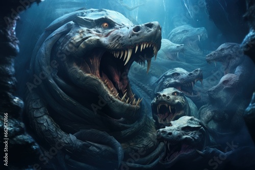 Ancient sea serpents  guardians of hidden treasures beneath the ocean depths - Generative AI