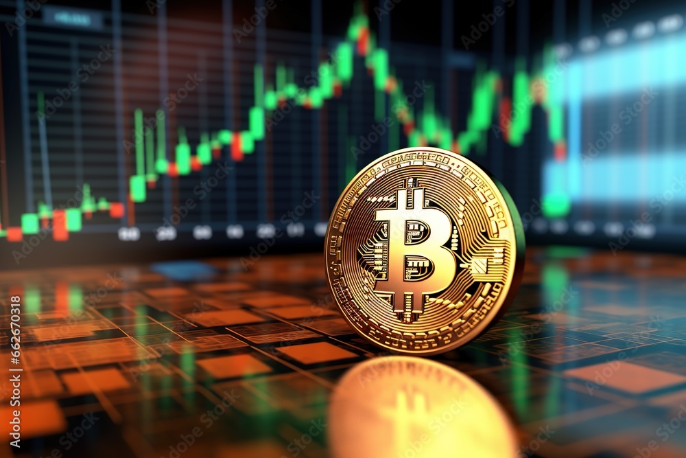 Golden Bitcoin on the background of the stock market chart. Cryptocurrency concept.