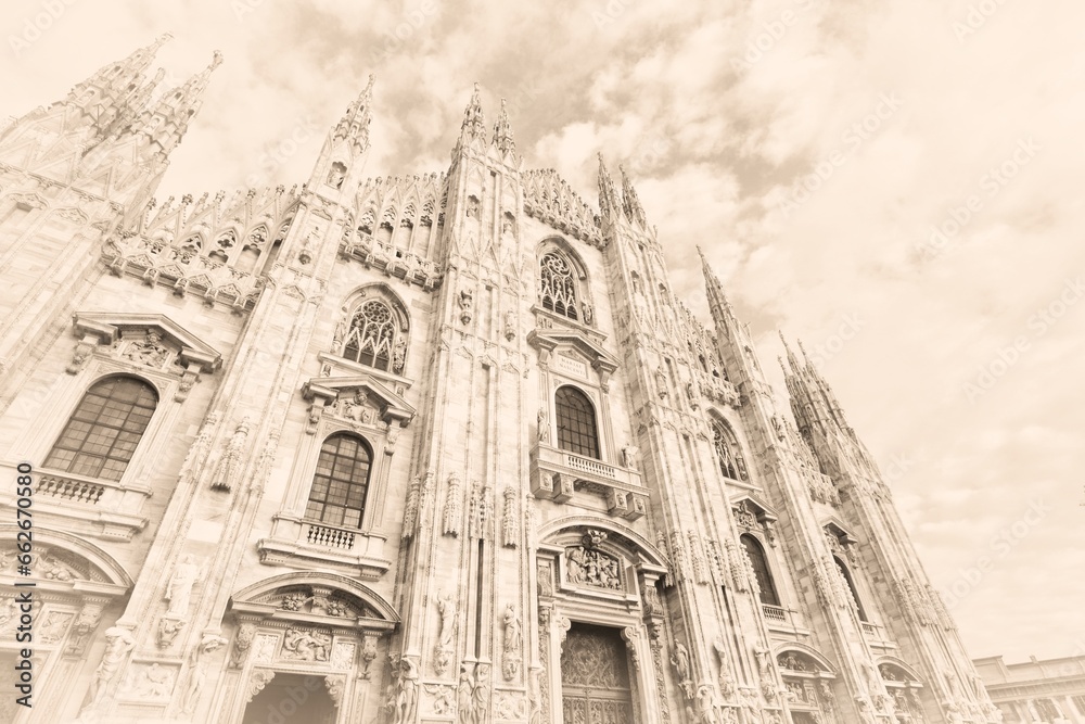 Milan Cathedral. Old postcard style - vintage paper sepia tone retro style.