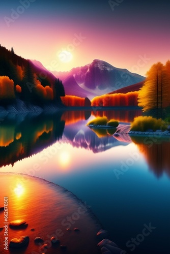  realistic landscape picture with a river  mountains  animals and a sunset 