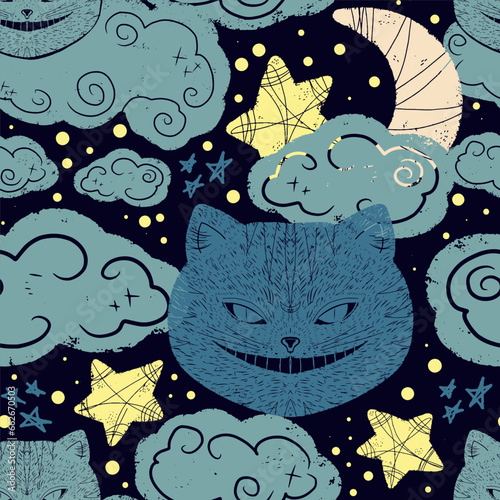 Wallpaper Mural Cheshire cat, clouds, stars, moon, Halloween motif. Vector seamless pattern.. Torontodigital.ca