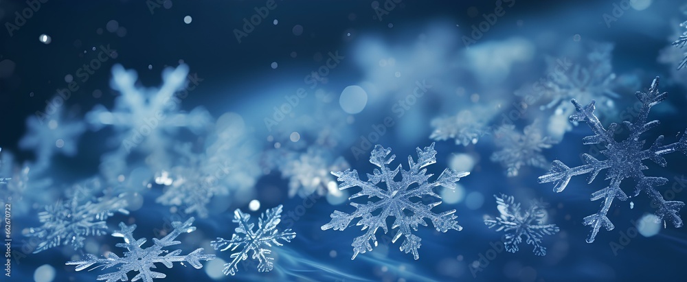 An ethereal array of snowflakes, each edged with crystalline detail, highlighted against a deep sapphire sky adorned with bokeh. generative AI An ethereal array of snowflakes, each edged with crystalline detail, highlighted against a deep sapphire sky adorned with bokeh. generative AI
