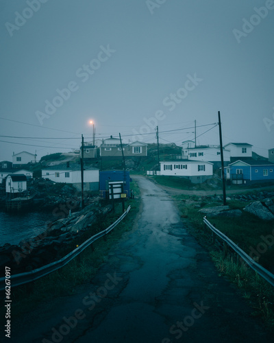 Obraz na płótnie Small town street on a foggy night near Rose Blanche, Newfoundland and Labrador, Canada w salonie