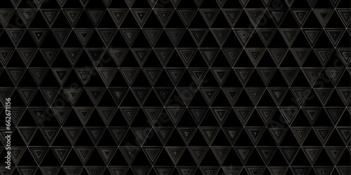 Triangular 3D geometric texture with luxury golden light lines in this abstract black metal background