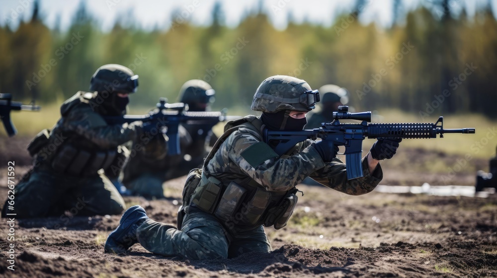 A group of soldiers with weapons training
