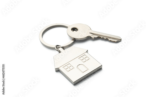 Buying a house concept: house shaped keychain isolated on white background
