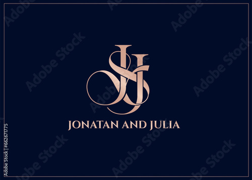 Initial letter J&J JJ luxury art vector logo sign, rose gold color on dark background
