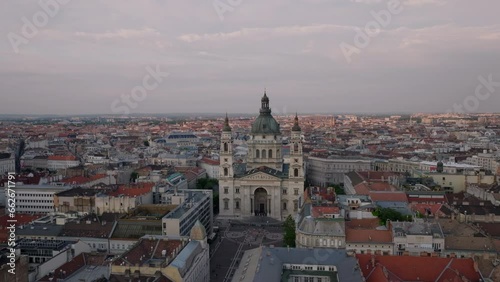 Wallpaper Mural Forwards fly towards St. Stephens Basilica. Historic city center of metropolis at dusk. Budapest, Hungary Torontodigital.ca