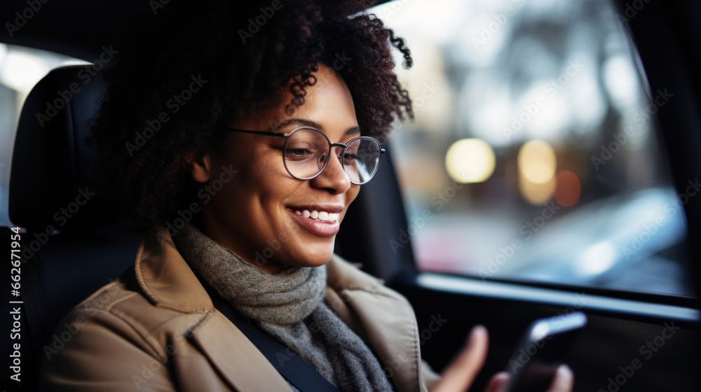 a photo of African-American woman sitting at back seat in a taxi car smiling using smartphone application, taxi booking application, female passenger, close up photo a photo of African-American woman sitting at back seat in a taxi car smiling using smartphone application, taxi booking application, female passenger, close up photo