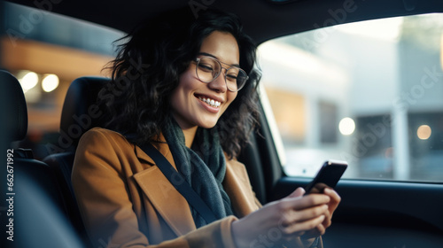 a photo of young asian woman sitting at back seat in a taxi car smiling using smartphone application, taxi booking service, female passenger, close up photo in vehicle © Favebrush
