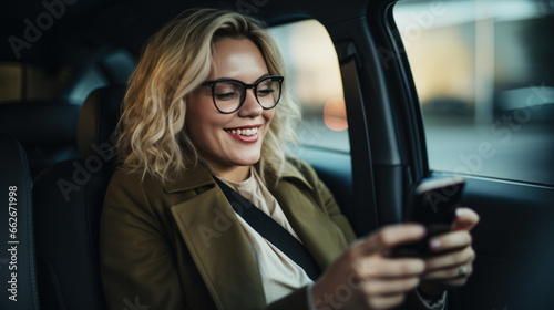 a photo of caucasian woman sitting at back seat in a taxi car smiling using smartphone application, taxi booking application, blond female passenger, close up photo © Favebrush