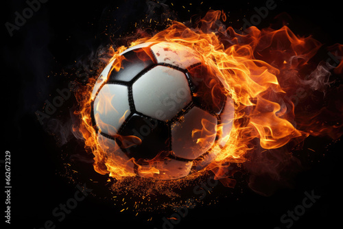 The soccer ball in flame. Fire football. Sport soccer background. Generative AI © barmaleeva