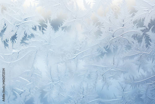 A frost pattern on a windowpane. Ice crystals or cold winter background. Generative AI © barmaleeva