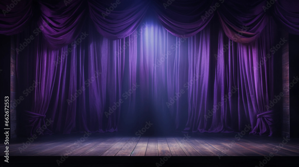 close up on a purple curtain hanging in the back of an old wooden stage at a theater
