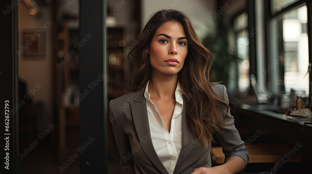 Model with a contemplative expression in a corporate attire, set in a cozy corner office.