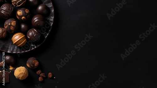 minimalistic background with pralines and chocolate, top view, empty copy space