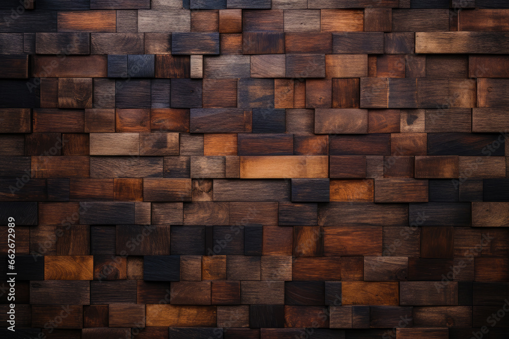 Wood background. Modern wooden facing background. Dark wooden banner. Rustic three-dimensional wood texture