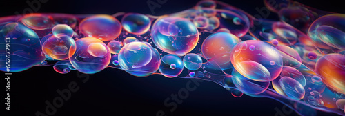 Iridescent liquid melted glass wallpaper. Soap holographic bubble background. 3d abstract dark luxury fluorescent background