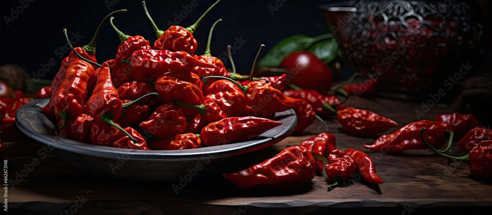 Cook ready Bhut Jolokia Ghost Peppers raw organic and spicy With copyspace for text Cook ready Bhut Jolokia Ghost Peppers raw organic and spicy With copyspace for text