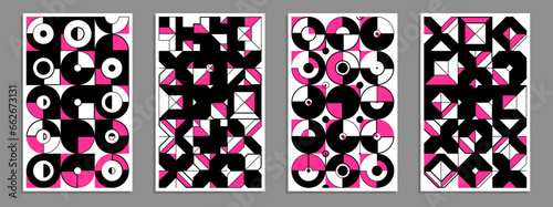 Abstract geometric posters and covers set, vector background pattern magazine or catalog templates, technic style geometric shapes composition.