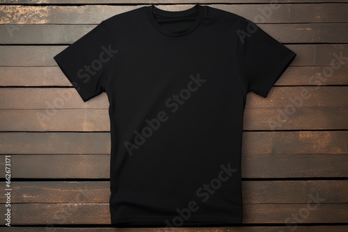 Black t-shirt on wooden background. Mock up for design.