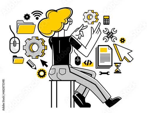 Woman technician computer engineer repairing pc vector outline illustration, fixing system work with software and hardware, system administrator.