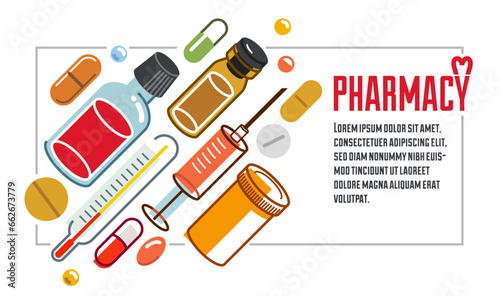 Pharmacy apothecary drugstore flyer, big composition set of medicaments vector flat illustration isolated, advertising banner health care and healing medical theme design.