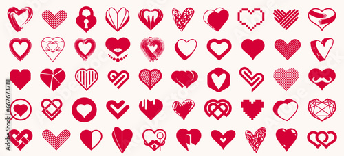 Collection of hearts vector logos or icons set, heart shapes of different styles and concepts symbols, love and care, health and cardiology, geometric and low poly.