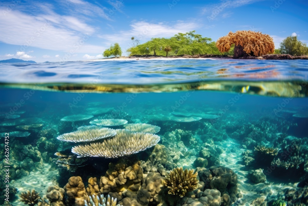 tropical coral reef seen from the water surface - obrazy, fototapety, plakaty 