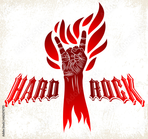 Rock hand sign on fire, hot music Rock and Roll gesture in flames, Hard Rock festival concert or club, vector label emblem or logo, musical instruments shop or recording studio.