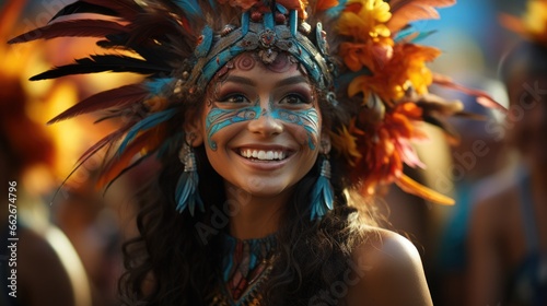 Bright and colorful traditional Philippine festival. Filipino girl with ethnic makeup and a bright feather headdress photo