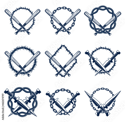 Baseball bats crossed vector criminal gang logos or signs set, gangster style theme.