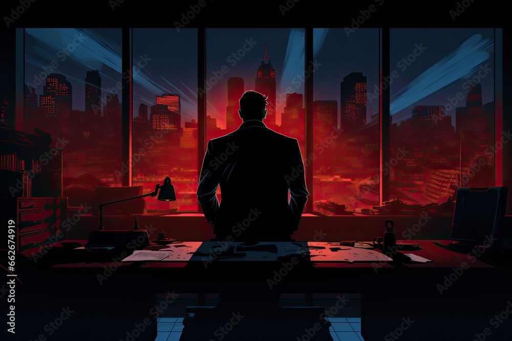 silhouette of a villain looking at the city leaning on his desk, illustration silhouette of a villain looking at the city leaning on his desk, illustration