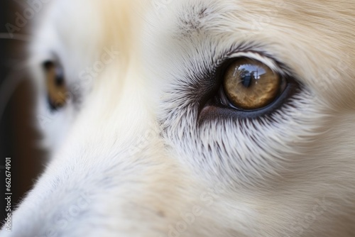 a close up shot of a canines foggy eyes