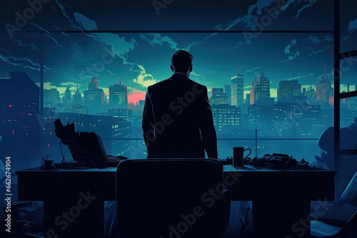 Silhouette of a villain from behind,, blue background illustration