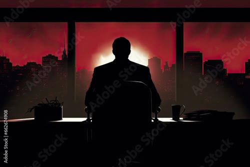 Silhouette of a dark villain from behind, sitting on a chair, red background illustration