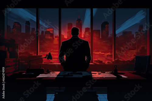 silhouette of a villain looking at the city leaning on his desk  illustration