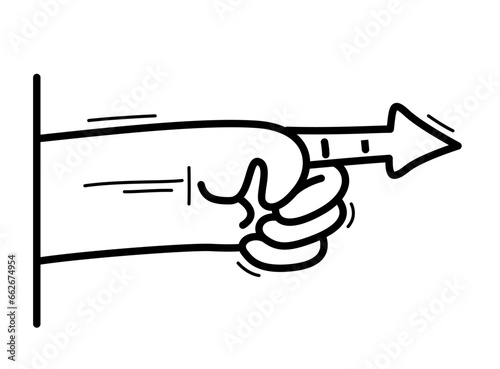 Cartoon hand pointing finger in a shape of arrow vector flat style illustration isolated on white, humorouse cursor sign.