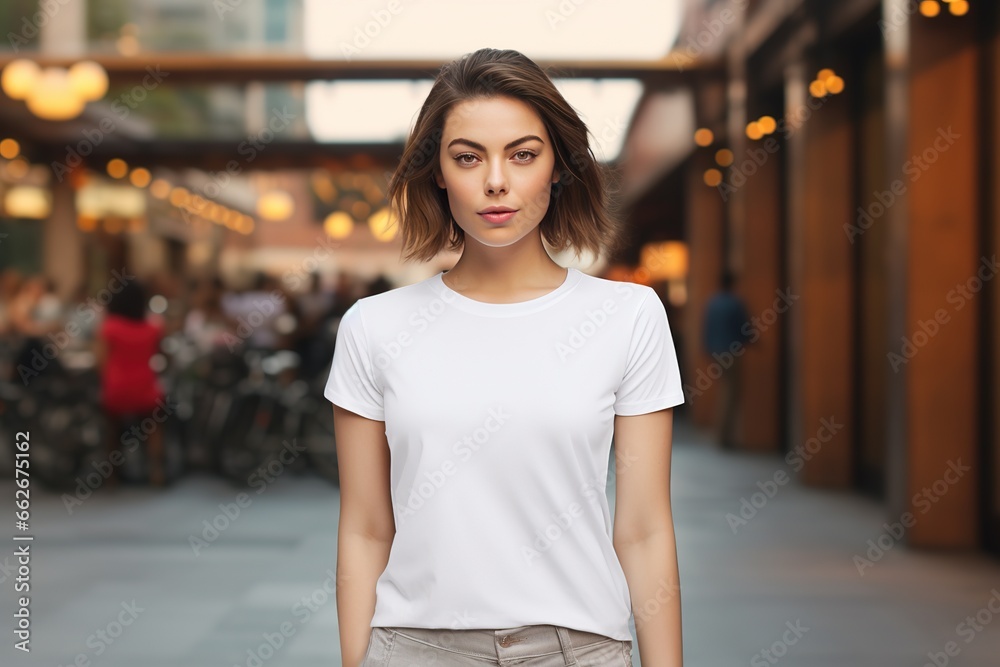 A young beautiful girl in a simple white mock-up T-shirt poses against the backdrop of a deserted city street.
