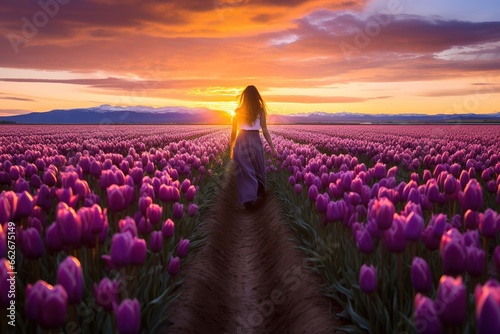 A young slender girl in a bright summer dress walks through a field of tulips against the backdrop of a beautiful sunset. Romantic image of a free woman in love, view from the back. #662675149